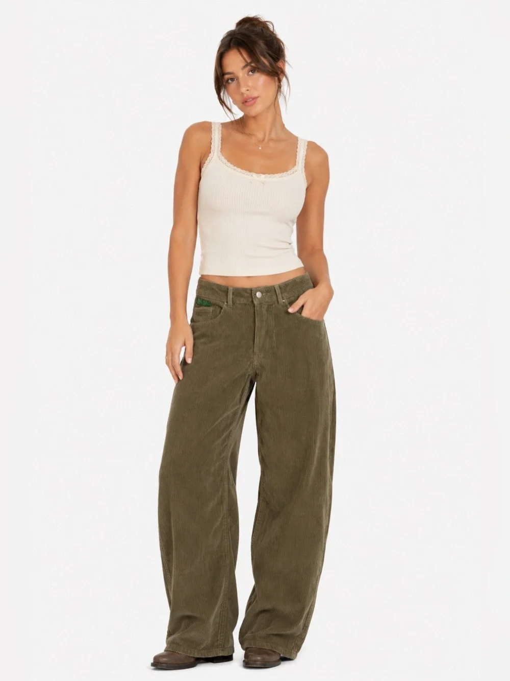 Empyre Tori Organic Cotton Corduroy Barrel Leg Pants (Olive/Khaki) Size 8